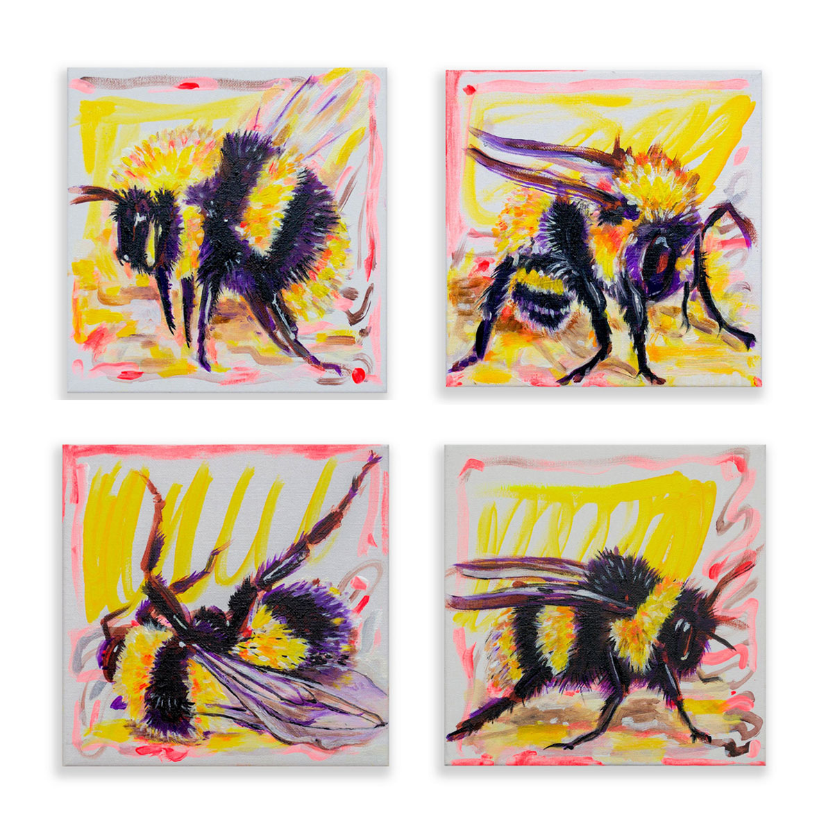 4 square paintings of bumblebees