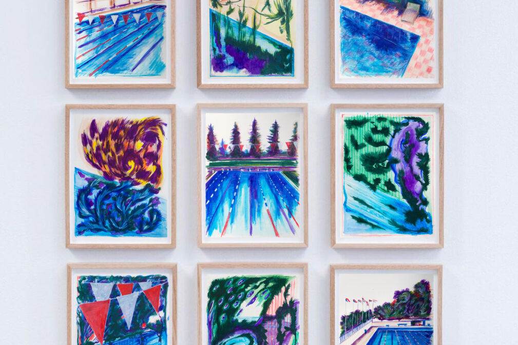 9 frames with drawings of water and swimming pools