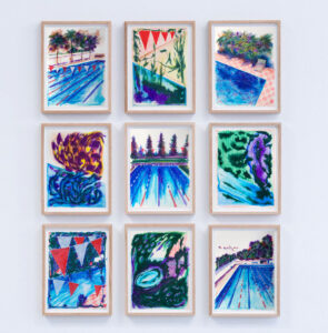 9 frames with drawings of water and swimming pools