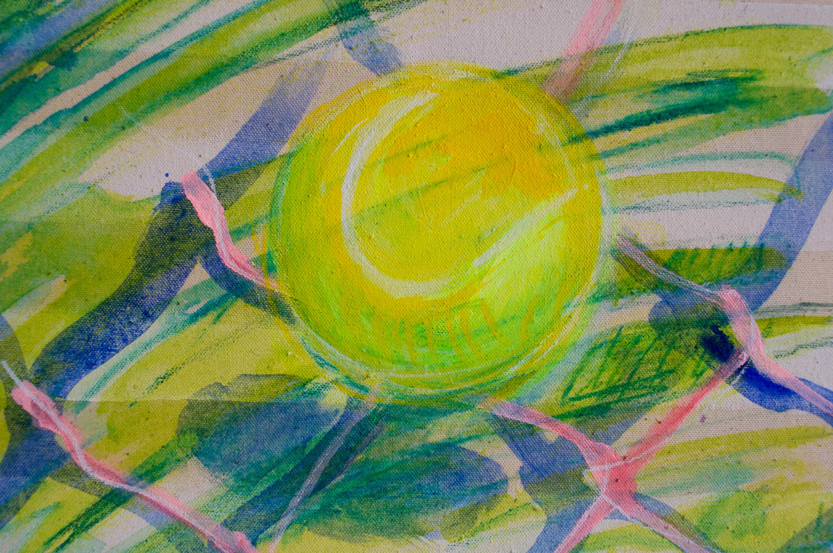 painting on raw canvas with a net and a tennis ball - detail