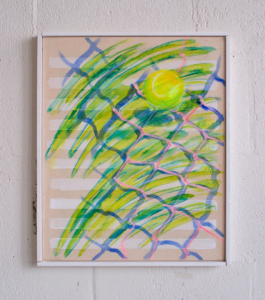 painting on raw canvas with a net and a tennis ball